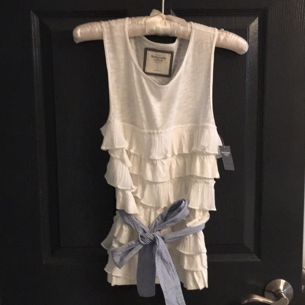 Abercrombie & Fitch Large white Ruffle Tank w/ Blue/White striped Belt